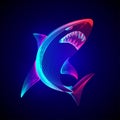 Angry dangerous shark. Outline vector illustration of underwater wildlife sea fish animal in 3d line art style on neon abstract Royalty Free Stock Photo