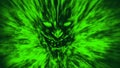 Angry demon face screams in fire. Green color