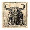 Whimsical Ink Drawing Stamp With Ancient Horned Demon