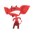 Angry devil standing in threatening pose and showing teeth. Red demon with big ears, horns and tail. Comic fictional