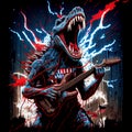 Angry dinosaur with guitar in American style. Rock concert. AI generative