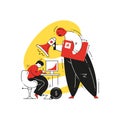 Angry director manager screaming to chained scared male employee at workplace vector illustration