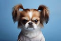 Angry disgruntled little girl dog on a solid blue background. ai generative