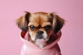 Angry disgruntled little girl dog on a solid pink background. ai generative