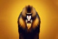 Angry disgruntled mandrill monkey on a solid yellow background. ai generative