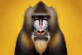 Angry disgruntled mandrill monkey on a solid yellow background. ai generative
