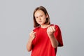 Angry displeased and distressed hateful brunette teen girl, staring furious and upset, grimacing bothered intense fight, look Royalty Free Stock Photo