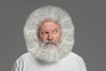 Close-up portrait of senior hairy grey-haired man isolated over grey background. Royalty Free Stock Photo