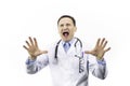 Angry doctor crazy shouting, yelling with aggressive expression and arms raised
