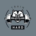 Angry dog with dumbbells. Sports motivation poster. Isolated vector sign Royalty Free Stock Photo