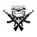 Angry dog head with crossed assault rifles. Design element for poster, emblem, sign.