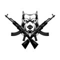 Angry dog head with crossed assault rifles. Design element for poster, emblem, sign.