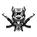 Angry dog head with crossed assault rifles. Design element for poster, emblem, sign.