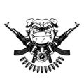 Angry dog head with crossed assault rifles. Design element for poster, emblem, sign.