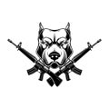 Angry dog head with crossed assault rifles. Design element for poster, emblem, sign.