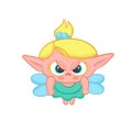 Angry elf fairy with wings. Cute blond girl sorceress in dress vector fantastic character isolated cartoon illustration.