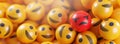Angry Emoji Between A Bunch of Smile Emoticons. Stand Out Concept 3D Rendering Banner