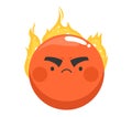 Angry emoji face with flames. Furious orange emoticon with fire on head expressing rage. Emotion and facial expression