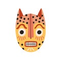 Angry ethnic tribal cat mask showing teeth. Frightening ancient African yellow ritual symbol or souvenir. Flat vector