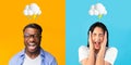 Angry excited young black man and european woman with lightning cloud and rain overhead scream Royalty Free Stock Photo