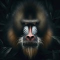 angry face male mandrill monkey face picking out of leaves dark background. ai generative