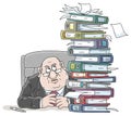 Angry fat clerk with a heap of documents in folders