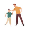 Angry father holding teenage son by ear vector flat illustration. Conflict of aggressive cartoon parent and child