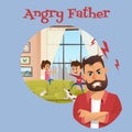 Angry Father Look After Playing Children Banner Royalty Free Stock Photo