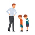 Angry Father Scolding His Naughty Sons, Relationships Between Kids and Parent Vector Illustration