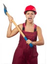 Angry female lumberer swinging huge ax Royalty Free Stock Photo