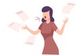 Angry Female Office Worker Character Yelling, Pointing with Her Finger, Paper Documents Flying Around Her Flat Vector Royalty Free Stock Photo