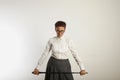 Angry female teacher with a pointer Royalty Free Stock Photo