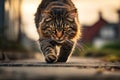 An angry fluffy gray cat walks along the road on a blurred background. Created using artificial intelligence.