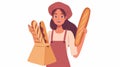 Angry French woman holding baguette in paper bag. Happy smiling young woman in a dress and a beret from France. Fresh