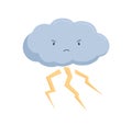Angry and frowned cloud with lightning strikes or thunderbolts. Cute thunder storm weather icon with funny childish