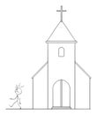 Angry Person Leaving the Church, Christianity and Faith Concept, Vector Cartoon Stick Figure Illustration