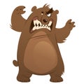 Angry and funny cartoon brown grizzly bear making attacking gesture