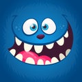 Angry funny cartoon monster face with a big mouth. Vector blue monster illustration