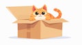 Angry funny cat in box. Awkward, confused kitty, cute kawaii loving furry animal stuck in cardboard box. Awkward fat and