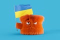 Angry fur ball monster holding the flag of Ukraine. Solidarity and support.
