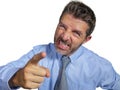 Angry and furious businessman in shirt and necktie scolding and nagging fierce on company subordinate isolated on white background