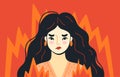 Angry furious woman surrounded by fire. Overworked person on the verge of psychological breakdown. Stressed irritated