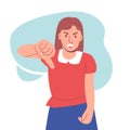 The angry girl puts her thumb down. A gesture of disapproval. Negative emotion of a man. dislike. flat vector Royalty Free Stock Photo