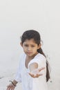 Angry kid girl saying - give back. Give it back, it`s mine. Loneliness concept. Cute girl saying - don`t leave me, take me with Royalty Free Stock Photo