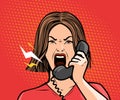 Angry girl or young woman screaming into the phone. Pop art retro comic style. Cartoon vector illustration