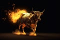 Angry gold bull with fire on black background. Bull statue Wildlife Animals