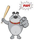 Angry Gray Bulldog Cartoon Mascot Character Holding A Bat And Pointing.