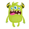 Angry green cartoon monster with horns an three eyes. Big collection of cute monsters. Halloween character. Vector illustrations