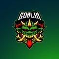 Angry horned goblin esport mascot emblem logo with editable team name. Scary goblin face vector illustration