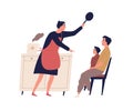 Angry housewife holding skillet scolding son vector flat illustration. Father protect little kid during quarrel isolated